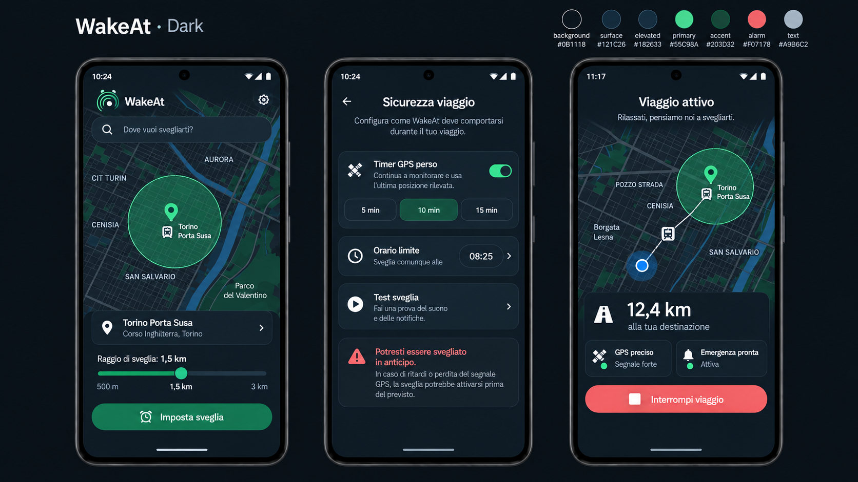 Tre schermate WakeAt in modalità scura: destinazione, sicurezza e viaggio attivo