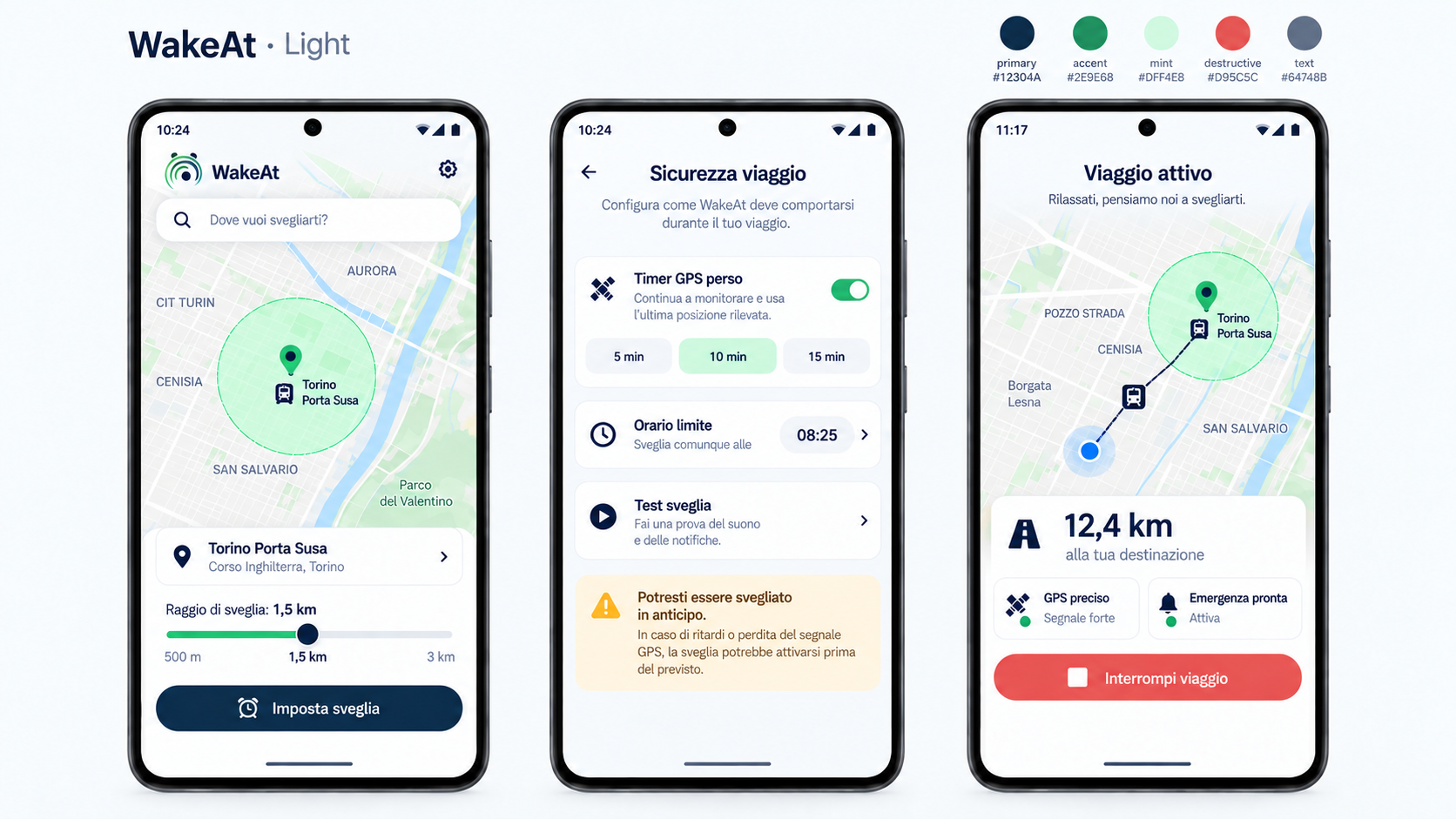 Tre schermate WakeAt in modalità chiara: destinazione, sicurezza e viaggio attivo